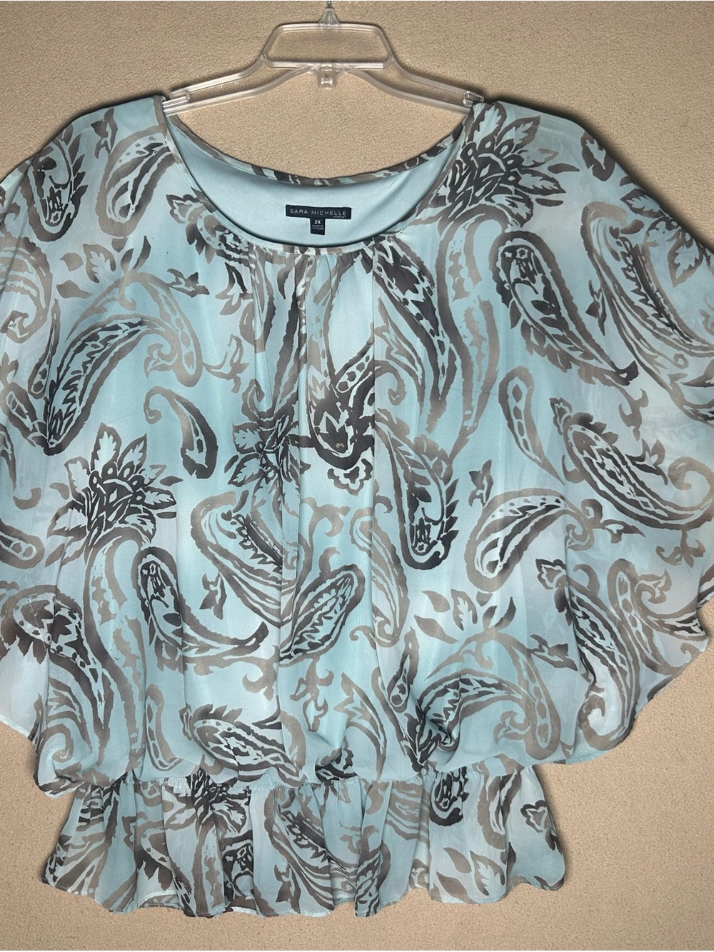 Plus size blouse by Sara Michelle Light Blue Light brown Paisley Blouson Top 2X